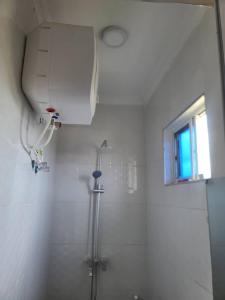 姆万扎SULTANA APPARTMENTS的带淋浴的白色浴室和窗户。
