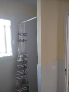 EscosGîte Le Trèfle Studioescos的带淋浴帘和窗户的浴室
