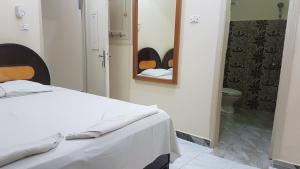 卢克索ONE NATION HOTEL Luxor的一间带床和镜子的卧室以及一间浴室