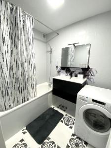 尼斯Charmante T3 sur la Côte d’Azur的一间带洗衣机和淋浴帘的浴室