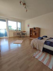格拉茨Wohnung Graz zentrale Lage的一间卧室配有一张床,铺有木地板