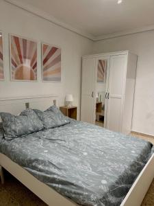 塞维利亚Apartamento en Sevilla的卧室配有带灰色棉被的床