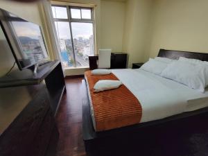 基多SUITE, vista hermosa de Quito的一间卧室设有一张大床和大窗户