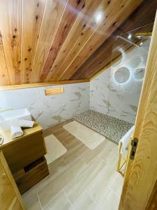 萨拉济Au sommet des Salazes的带淋浴的浴室和木制天花板