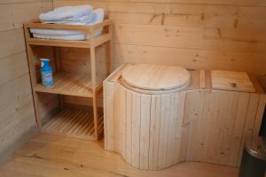 VerlaineBerta Tiny house的木制桑拿浴室设有卫生间和毛巾