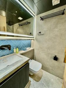 新德里EMPIRE PLATINUM SUITES的一间带卫生间、水槽和镜子的浴室