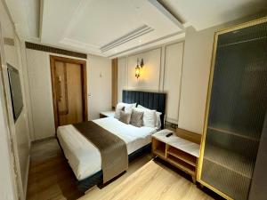 新德里EMPIRE PLATINUM SUITES的酒店客房,配有床和镜子