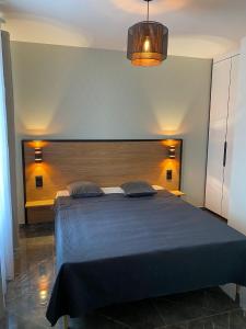 帕艾维坡斯特Maison Paray- Orly- Parking Privé的一间卧室配有一张大床和木制床头板