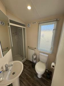 查珀尔圣伦纳兹Golden Palm Resort - The Twilight - Coastal Caravan Breaks的浴室配有卫生间、盥洗盆和淋浴。