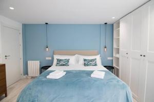 格拉纳达Amplio y moderno apartamento en el centro de Graná的蓝色卧室配有一张大床和毛巾
