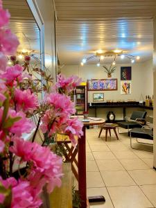 蒂安瓜Pousada Tianguá - Top Demais的前方设有粉红色鲜花的客厅