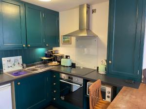 勒德洛Flat G, 8 Castle Street的厨房配有蓝色橱柜和炉灶烤箱。