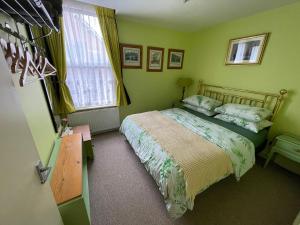 勒德洛Flat G, 8 Castle Street的绿色卧室设有床和窗户