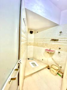 瓦拉纳西NAMO GUEST HOUSE的带淋浴、卫生间和盥洗盆的浴室