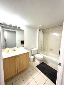 迈阿密Private bedroom 1 block from Downtown Miami的一间带水槽、卫生间和镜子的浴室