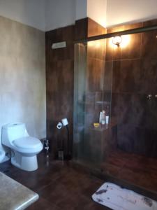 埃斯特角城Chiquense的一间带卫生间和玻璃淋浴间的浴室
