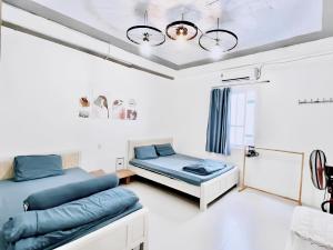 吉婆岛Domik Homestay - Cát Bà的一间带两张床和一张沙发的卧室