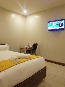内罗毕7 Days Holiday Inn的酒店客房设有一张床和墙上的电视