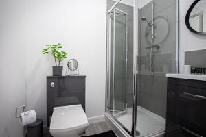 博尔顿Modern 1 Bedroom Apartment in Bolton的一间带卫生间和玻璃淋浴间的浴室