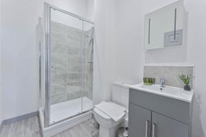 布赖尔利希尔Contemporary & Cosy 1 Bed Apartment in Dudley的带淋浴和卫生间的白色浴室