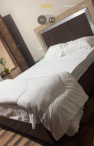 SikandarābādPRINCE RESTAURANT AND HOTELS的客房内的一张带白色棉被的床