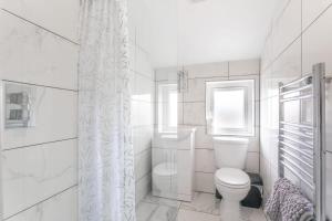 布雷得佛Modern 2 Bedroom Apartment in Central Bradford的白色的浴室设有卫生间和窗户。