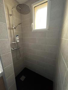 利勒阿当Escapade Relaxante - Spa - Jacuzzi - Sauna - Privés的带淋浴、水槽和窗户的浴室