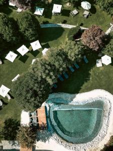 蓬高圣约翰欧博弗斯特霍夫酒店的享有带树木和帐篷的游泳池的顶部景致