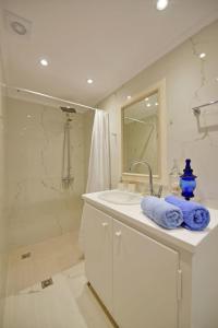 伊兹拉A Sea-licious Vacation - Chic & Style in Hydra的白色的浴室设有水槽和淋浴。