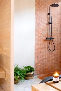 桑甘恩蒙朗特Suite & SPA à La Ferme 1802的带淋浴的浴室,浴室设有砖墙