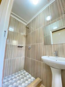 布拉瓦约Cumberland Guest Lodge的带淋浴、水槽和镜子的浴室