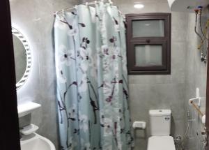 塞得港شاليهات فندقيه بورتوسعيد的浴室配有带卫生间的淋浴帘