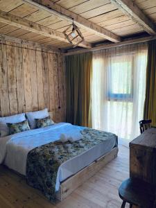 TsʼageriKorenishuli Veranda Wine Hotel的一间卧室设有一张床和一个大窗户