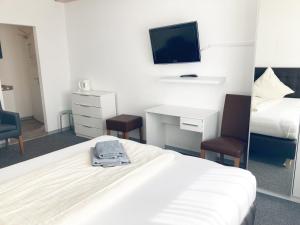 黑尔戈兰岛Haus Hanseatic的酒店客房设有一张床、一张书桌和一台电视机。
