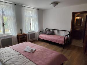 小莫拉夫卡Penzion U Křížku的一间卧室配有两张带粉色床单和窗户的床。