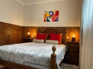 旧阿尔贝加里亚Cozy Guest House Albergaria的一间卧室配有红色枕头的床