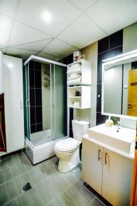 奥赫里德Park Golden View Hotel Casino的浴室配有卫生间、淋浴和盥洗盆。