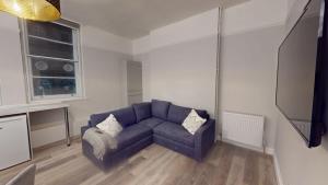 布里斯托Queens road six bedroom flat的客厅配有蓝色的沙发和电视