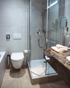 贝尔恩里德希尔布里克酒店的带淋浴、卫生间和盥洗盆的浴室