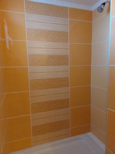 波利克罗诺Nefeli Seaside Apartments的淋浴拥有橙色和白色的瓷砖