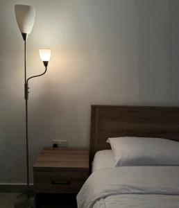 马斯喀特Cozy Apartment in Boshar的一间卧室配有带灯具和床头柜的床