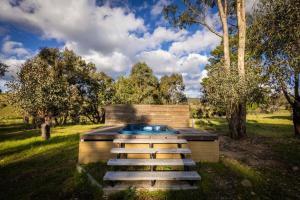 WindeyerTiny House Farmstay at Dreams Alpaca Farm - A Windeyer Outback Experience的田间中带游泳池的建筑