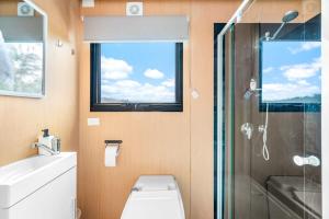 WindeyerCabernet Tiny House的带淋浴和卫生间的浴室以及窗户。