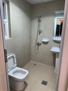 迪拜Palm Inn Hostel的一间带卫生间和水槽的浴室