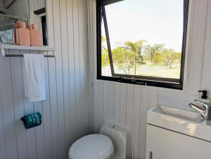 ToogoomTurtle Island Lakeside Tiny House 2的一间带卫生间、水槽和窗户的浴室