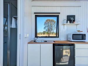 ToogoomTurtle Island Lakeside Tiny House 2的厨房设有微波炉和窗户。