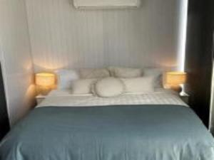 Gowrie Little PlainToowoomba Valley Views的一间卧室配有一张带两个灯的床