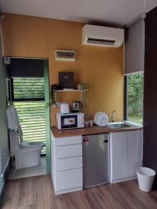 劳勿Sungai Tiny House 2的一间带水槽和微波炉的小厨房