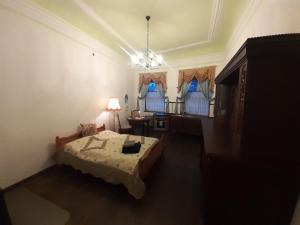 BahretalSchloss Ottendorf的一间卧室配有一张床和一个吊灯