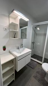 圣佩罗多索Vouga Lodge的白色的浴室设有水槽和淋浴。